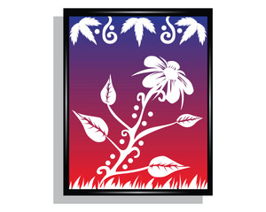 vector design of a photo frame or painting with a red and purple background where there is a silhouette of a white flower in the center of the frame and also has grass at the bottom