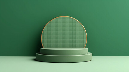 Green podium background platform product 3d studio presentation stage. Light abstract simple pedestal floor stand scene, wall pastel green color background render. Generative AI illustration.