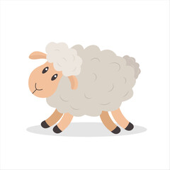 Cartoon character of cute domestic sheep with shiny eyes, little ears and fluffy wool. Concept of animal husbandry. Livestock farming. Colorful flat vector design