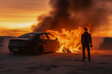 Behind the Scenes of action movie production. Car burning with smoke in desert. Actor, director silhouette. AI generated art
