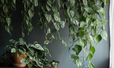  a green plant hanging from a wall next to a potted plant.  generative ai