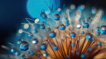 Macro shot of Dandelion with dew drops on blue background blurred background. Generative ai.