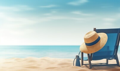 Obraz premium a straw hat sitting on top of a blue lawn chair. generative ai