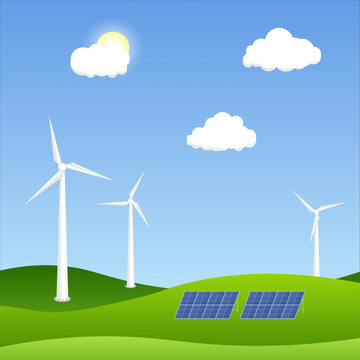 Colorful landscape of wind tourbines and solar panels, placed on the hills and fields with green grass, shining sun on the blue sky, suitable for green energetics, ecology, environmental protection