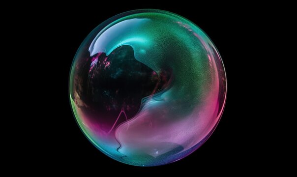 a glass ball with a black background and a reflection of a dog in it.  generative ai
