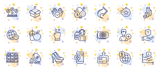 Outline set of Insurance hand, Biotin vitamin and Protection shield line icons for web app. Include Juice, Time zone, Video conference pictogram icons. Inflation, Baggage, Storage signs. Vector