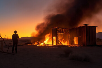 Behind the Scenes of action movie production. Wooden cabin burning in desert. Actor silhouette. AI generated art
