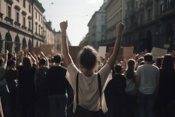 Young woman in protest with arms up. Generative AI