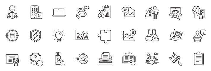 Fototapeta na wymiar Icons pack as Technical documentation, New mail and Journey line icons for app include Phone app, Certificate, Ethics outline thin icon web set. Light bulb, Clipboard, Paint roller pictogram. Vector
