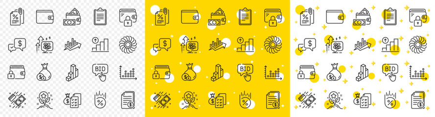 Outline Loyalty points, Cash and Clipboard line icons pack for web with Money wallet, Dot plot, Payment line icon. Payment received, Tax documents, Accounting wealth pictogram icon. Vector