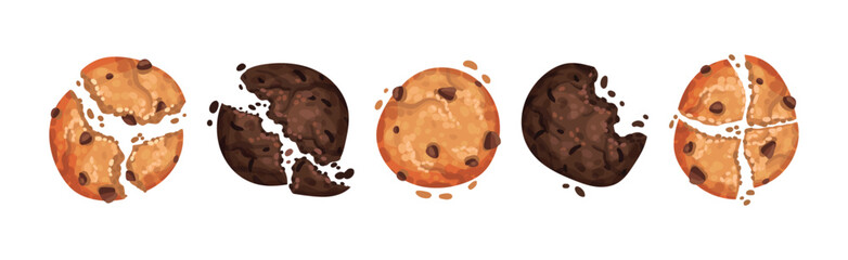 Chocolate Cookies with Drops and Crumbs Vector Set