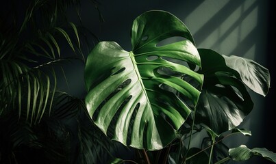 Fototapeta na wymiar a large green leafy plant in a room with a dark background. generative ai
