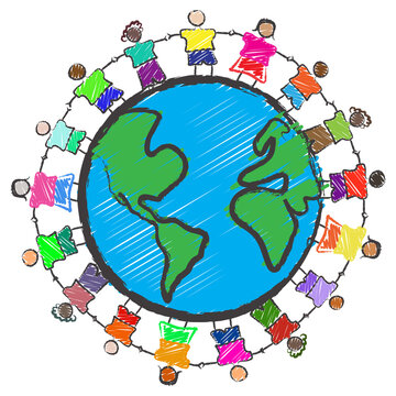Vector - Illustration of a group of kids with different races holding hands around the globe