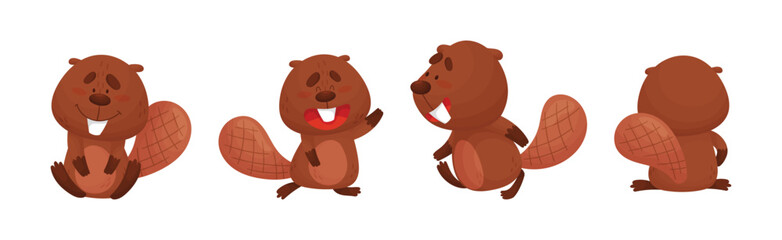 Obraz na płótnie Canvas Cute Beaver Character Engaged in Different Activity Vector Set