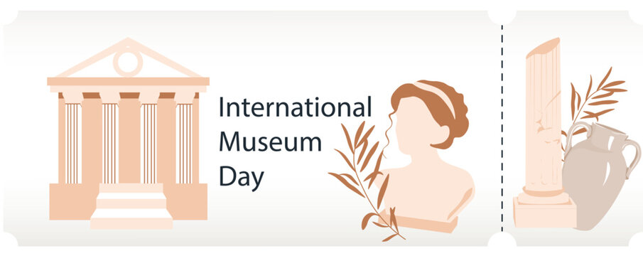 International Museum Day. May 18. Vector illustration on light background. Ticket. Modern design with ancient greek, roman clay vase, amphora. - Powered by Adobe