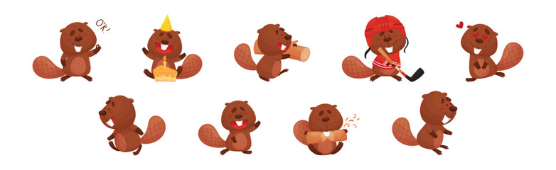 Cute Beaver Character Engaged in Different Activity Vector Set