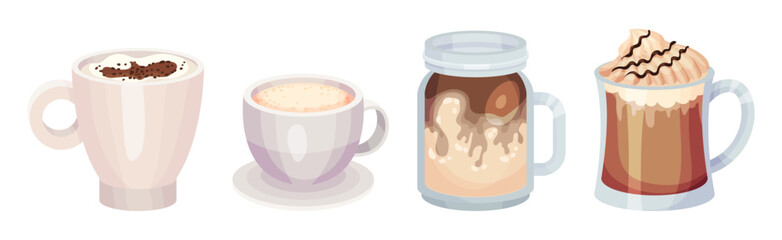 Different Coffee with Froth and Cream in Ceramic Cup and Glass Vector Set