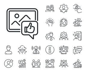 Thumbs up sign. Specialist, doctor and job competition outline icons. Like photo line icon. Positive feedback, social media symbol. Like photo line sign. Avatar placeholder, spy headshot icon. Vector