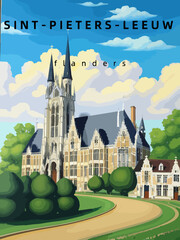 Sint-Pieters-Leeuw: Retro tourism poster with an Belgian landscape and the headline Sint-Pieters-Leeuw in Flanders