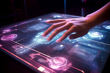 robotic hand interacting with a holographic touchscreen interface