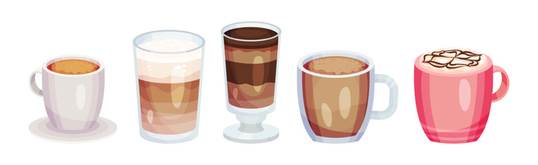 Different Coffee with Froth and Cream in Mug and Glass Vector Set