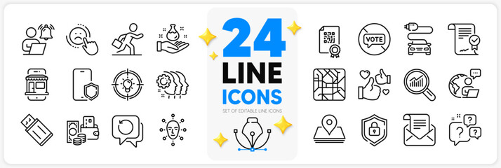 Fototapeta na wymiar Icons set of Change money, Metro map and Mail newsletter line icons pack for app with Phone protect, Approved agreement, Usb flash thin outline icon. Stop voting, Face biometrics. Vector