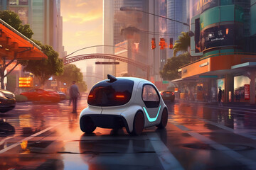 autonomous electric vehicle driving through a smart city