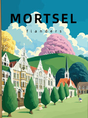 Mortsel: Retro tourism poster with an Belgian landscape and the headline Mortsel in Flanders