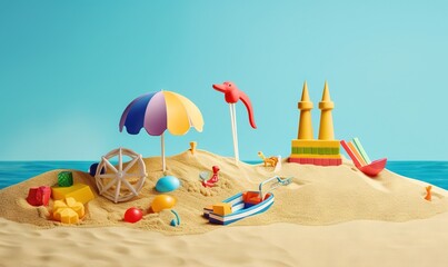  a beach scene with a sand castle, umbrellas and toys.  generative ai