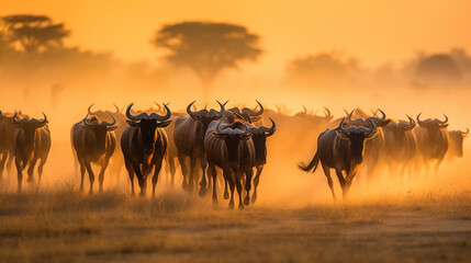 wildebeest migration in serengeti national park - obrazy, fototapety, plakaty