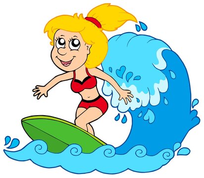 Cartoon surfer girl - vector illustration.