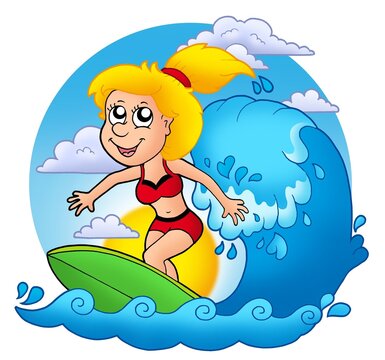Surfer girl with Sun - color illustration.