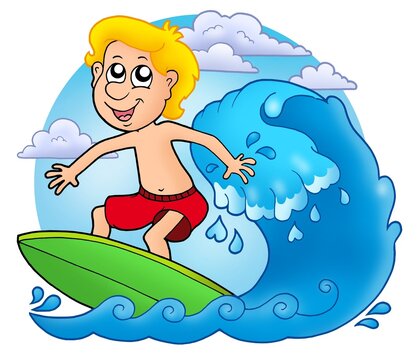 Surfer boy with clouds - color illustration.