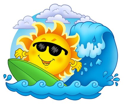 Surfing Sun with clouds - color illustration.