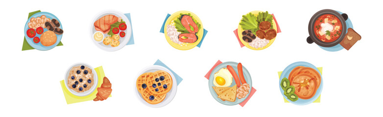 Served Dish on Plate with Waffle, Scrambled Egg, Pancakes, Salmon and Soup Above View Vector Set