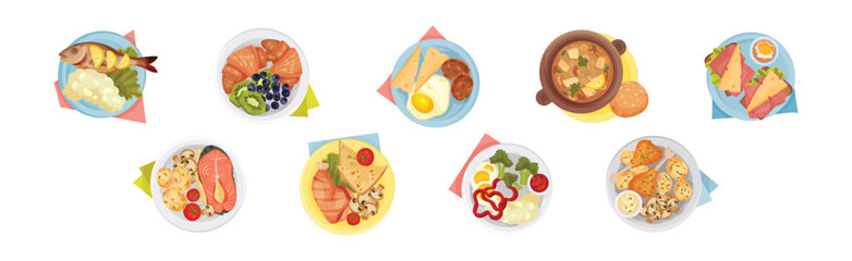 Served Dish on Plate with Fish, Croissant, Soup, Sandwich and Chicken Above View Vector Set