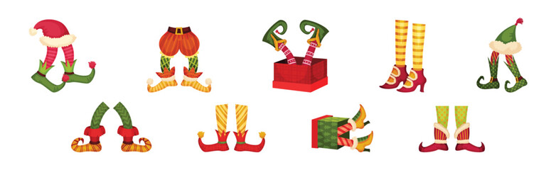 Feets of Christmas Elf and Leprechaun in Boots and Bright Stockings Vector Set