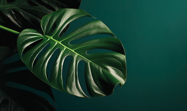  A Large Green Leaf On A Dark Green Background With A Dark Green Background.  Generative Ai