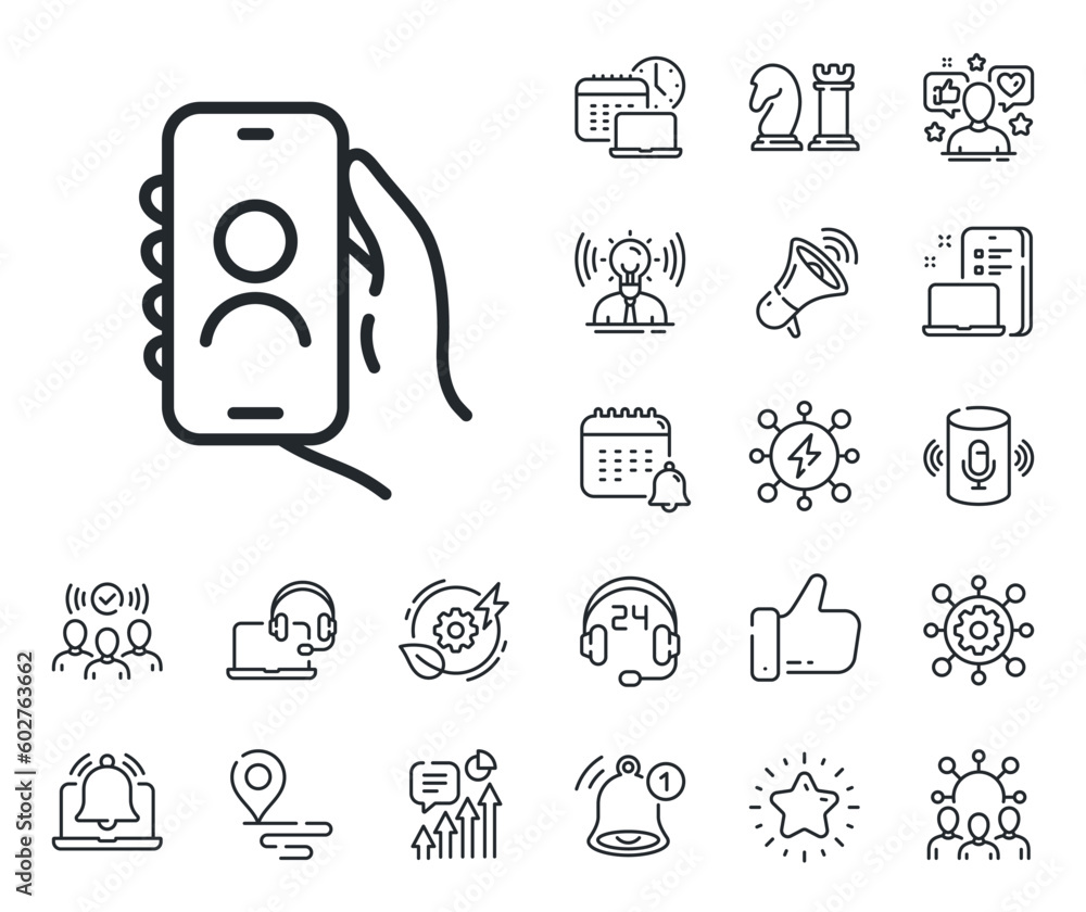 Aufkleber hand hold phone sign. place location, technology and smart speaker outline icons. user call line ico