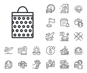 Present or Sale sign. Plane jet, travel map and baggage claim outline icons. Shopping bag with circles line icon. Birthday Shopping symbol. Package in Gift Wrap. Shopping bag line sign. Vector
