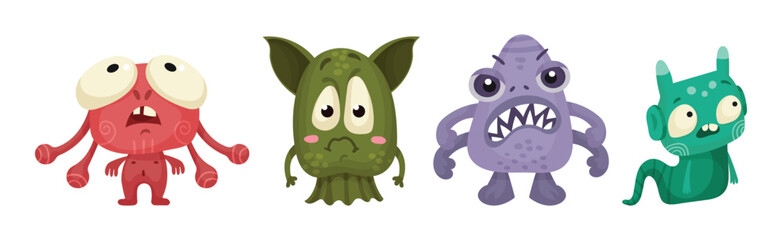 Cute Little Monsters with Horns and Big Eyes Expressing Emotion Vector Set