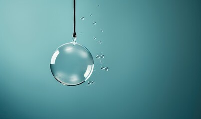  a drop of water hanging from a hook on a blue background.  generative ai