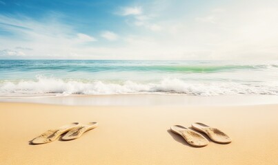Fototapeta na wymiar a pair of flip flops sitting on top of a sandy beach. generative ai