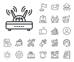 Computer component sign. Salaryman, gender equality and alert bell outline icons. Wifi router line icon. Internet symbol. Wifi line sign. Spy or profile placeholder icon. Vector