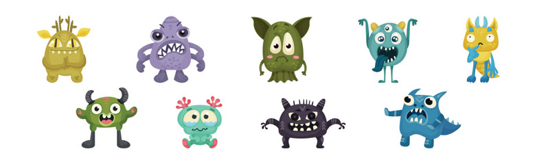 Cute Little Monsters with Horns and Big Eyes Expressing Emotion Vector Set