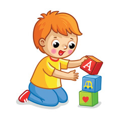 Little boy plays with cubes on a white background. Vector illustration with a baby.