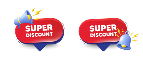 Super discount tag. Speech bubbles with 3d bell, megaphone. Sale sign. Advertising Discounts symbol. Super discount chat speech message. Red offer talk box. Vector