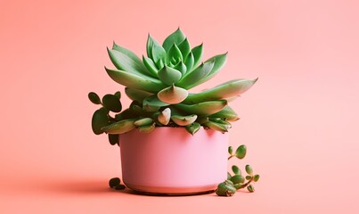  a small potted plant with green leaves on a pink background.  generative ai
