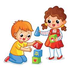 Obraz premium Little boy and girl play cubes on a white background. Vector illustration with children.