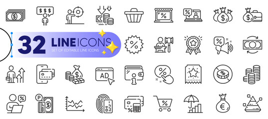 Outline set of Money, Phone pay and Inflation line icons for web with Money bag, Loyalty ticket, Check investment thin icon. Coins, Wallet, Card pictogram icon. Pyramid chart. Vector
